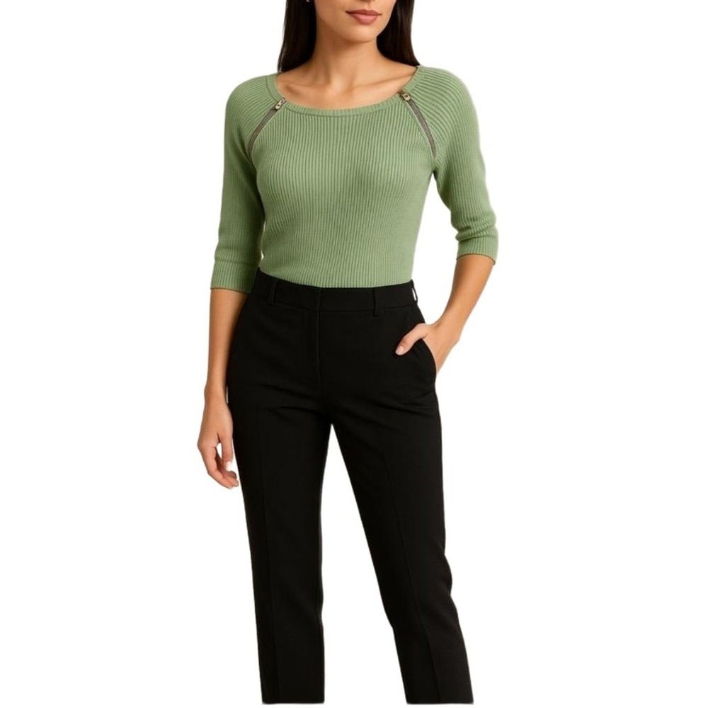 New York & Company Green Ribbed Sweater w/ Shoulder Zips Size M Light Academia